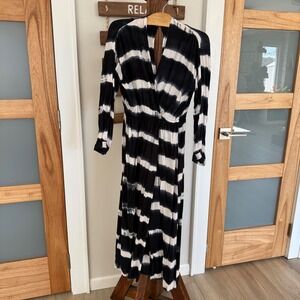 Panache Accessories Navy White Tie Dye Stripe V-Neck Midi Dress Womens Small EUC